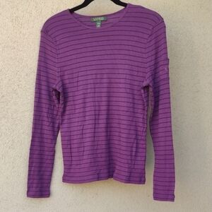 Lauren Ralph Lauren Purple & Black Striped Long Sleeve Pocket T-shirt Women's M